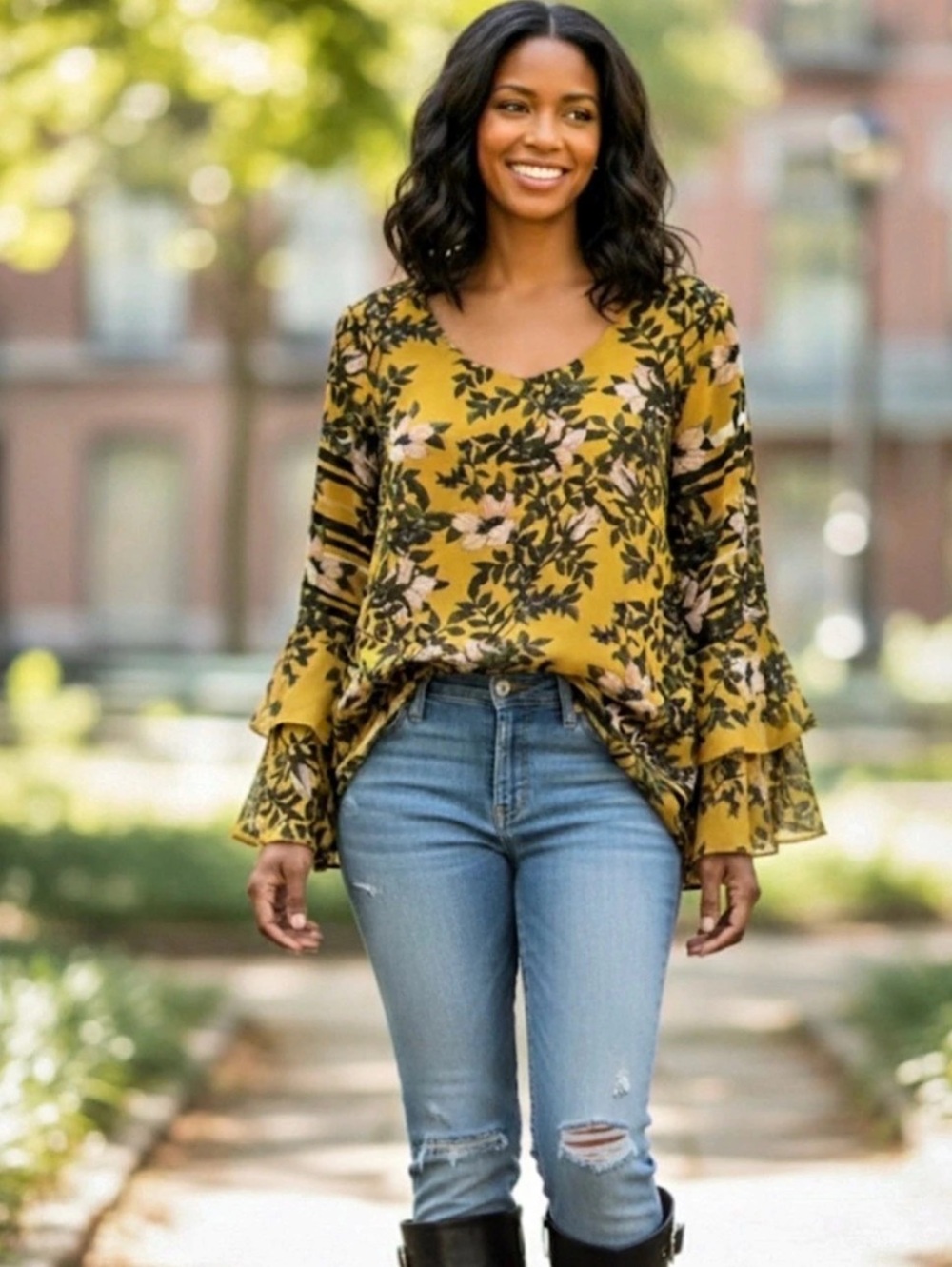 NWOT Cabi Spring Scene Blouse XS
Style 5518 Mustard Floral Bell Sleeve
Boho Top